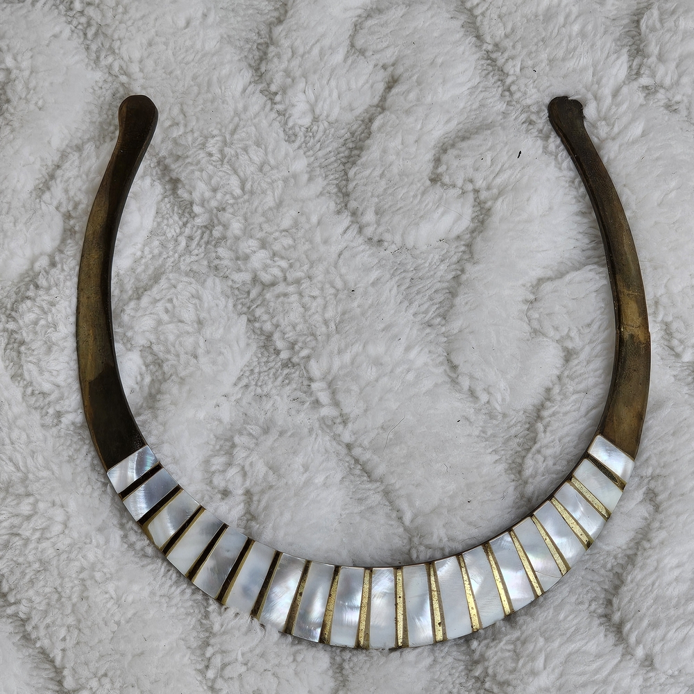 Vintage Brass With Mother of Pearl Inlay Choker Necklace Made in India